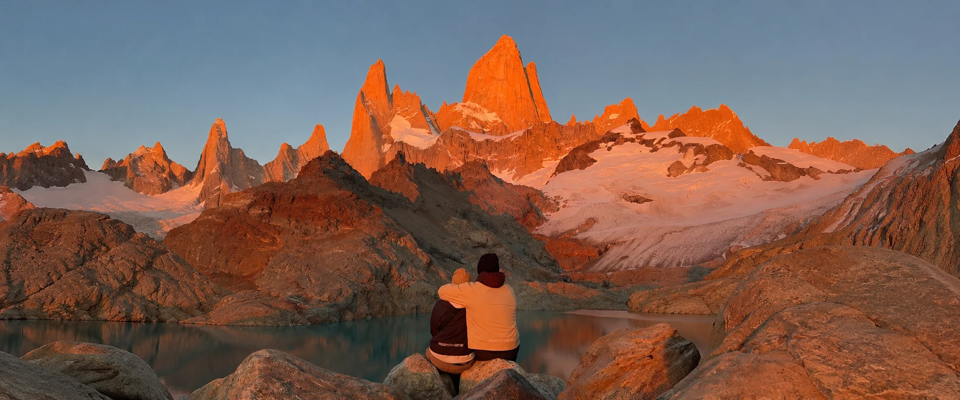 Ellen and Daniel watching sunrise over Mount Fitz Roy, Patagonia