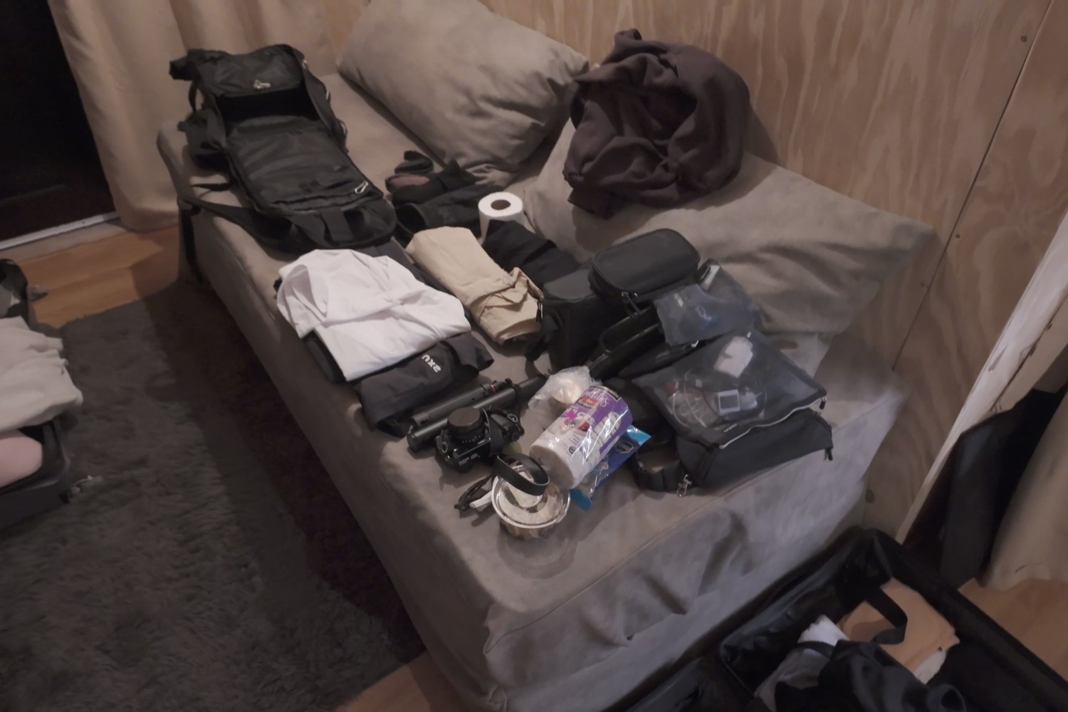 Our hiking clothes, bags and other kit laid out on the bed before the Fitz Roy hike