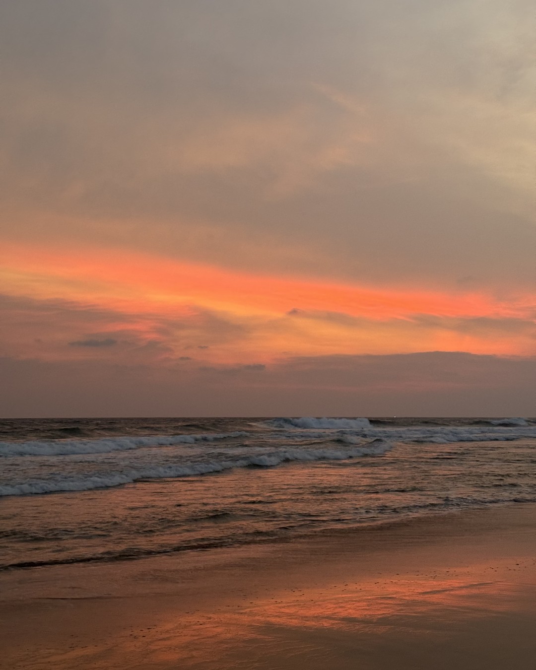 Sun setting over the ocean through coconut palms on the south coast of Sri Lanka